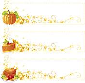 食物秋天感恩节横幅设置:南瓜，南瓜派，烤火鸡