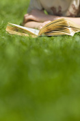 男孩躺在草地上看书