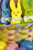 特写复活节篮子与塑料蛋和兔子