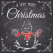 圣诞卡片上的雪人在黑板上