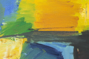 抽象画以绿、黄、蓝为艺术背景。