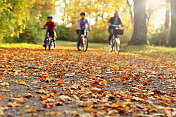 一家人骑自行车穿过秋天公园