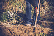 一个用铁锹在菜园里挖土的人