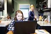 一个小学生在家里用手提电脑做作业。