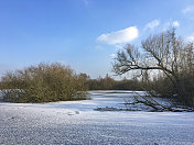 冬天，在荷兰的Overijssel，靠近Zwolle的IJssel河边结冰的湖