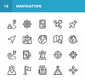 导航图标。可编辑的中风。像素完美。移动和网络。包含如下的图标。