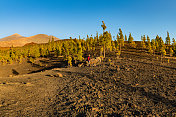西班牙特内里费，一个成熟的女人在拍摄埃尔・特多火山下的一条道路