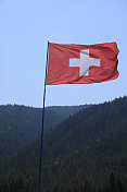 瑞士国旗在风中飘扬。背景是阿尔卑斯山和蓝天。
