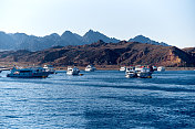 白色船只，蓝色的水，山区海岸，海湾红海西奈半岛附近的沙姆沙伊赫，埃及