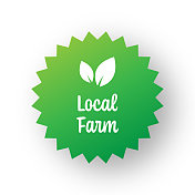 当地农场徽章模板。带叶子的标签徽章。有机产品和有机食品徽章。