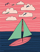 海洋上的帆船的抽象插图