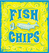 可爱的手写“Fish N’Chips”标志上有鱼和很多的纹理