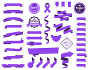 一套紫色丝带，旗帜，徽章，标签-设计元素在白色的背景