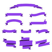一套紫色丝带，横幅-设计元素在白色的背景