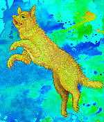 时尚的插画现代艺术作品我的原始油画在画布上寓言象征幻想画神话般的火狗在蓝色和绿色的天空和水的色调