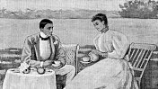 在美国弗吉尼亚海滩切萨皮克湾岸边喝茶的夫妇――19世纪