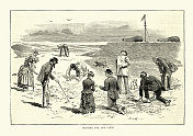 维多利亚时代的游客在埃及的沙滩上寻找古老的硬币