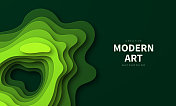 剪纸的背景。绿色抽象波浪形状-时尚的3D设计