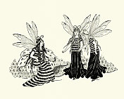 穿着条纹裙的仙女，维多利亚时代的童话插图，19世纪