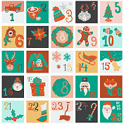 彩色手绘圣诞假期降临历设计集与线图标和数字设计