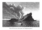 费迪南德火山岛，火山，间歇泉和瀑布雕刻古董插图，1851年出版
