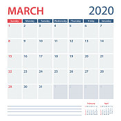 2020年3月日历规划师矢量模板。一周周日