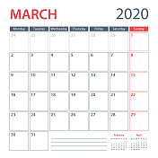 2020年3月日历规划师矢量模板。一周星期一