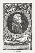 奥地利作曲家沃尔夫冈・阿玛德乌斯・莫扎特(1756-1791)，木刻，1885年出版