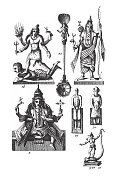 毗湿奴和湿婆，巨人穆耶拉金上的湿婆，印度教忏悔者，宗教人物和用具;蒙古的偶像;佛雕古玩插画，1851年出版