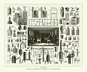 雕刻古董、化学实验室、仪器和设备雕刻古董插图，1851年出版
