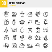圣诞-细线矢量图标设置。像素完美。套装包含圣诞老人，圣诞节，礼物，驯鹿，圣诞树，雪花等图标。