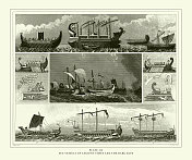 雕刻古董，古代和黑暗时代的海船雕刻古董插图，出版于1851年
