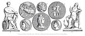 Coelus, Rhea, Zeus Hellenios, Zeus as Warrior, Jupiter Conservator, Juno, Ares (Mars)，传说场景和人物来自希腊和罗马神话雕刻古董插图，出版于1851年