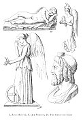 宙斯(冥王星)，复仇女神，睡眠的天才，神和神话人物雕刻古董插图，出版1851年