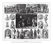 中国、日本和印度尼西亚的宗教场景、符号和人物版画古董插图，1851年出版
