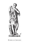 阿尔特弥斯女神，古典神灵和神话人物雕刻古董插图，出版于1851年