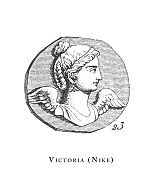 维多利亚(耐克)，传奇场景和人物从希腊和罗马神话雕刻古董插图，出版1851年