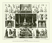 远东雕刻古董插图的雕刻古董、仪式和宗教人物及用具,出版于1851年 远东雕刻古董插图的雕刻古董、仪式和宗教人物及用具,出版于1851年