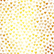 密集排列的不均匀不规则的小心脏在金色的阴影-抽象的爱情纸图案与微小孤立的对象在白色的背景-手绘插图矢量-独特的闪烁的黄金