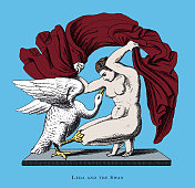 《利达与天鹅》，希腊节日与神话人物与场景雕刻古董插图，1851年出版