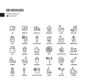 饮料相关矢量线图标的简单设置。大纲符号集合。