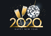 2020年新年快乐迪斯科球和香槟长笛贺卡横幅设计在金属金色与闪光