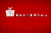 一个有创意的亮红色圣诞背景的水平矢量插图，中间有一个狭缝或切口，白色的圣诞礼物和装饰品排列在上面