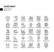 简单的投资相关的矢量线图标。大纲符号集合