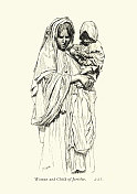 19世纪耶利哥的妇女和儿童素描