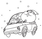黑白两色，圣诞老人在开车