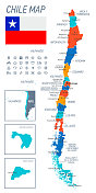 智利的地图。矢量地图与边界，国旗和导航图标