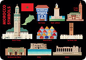 摩洛哥的SYMBOLS，卡萨布兰卡，Rabat，销售，马拉喀什，Agadir, Tangier, Meknes, Oujda-Angad, Al Hoceima, Tetouan, kenitima, tefi, Safi, Mohammedia, Khouribga, Hassan 2 Mosque, Mosque Al Fadila, mumuque Al Fadila, mubat
