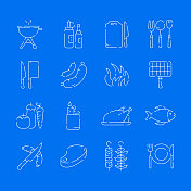 烧烤相关矢量细线图标的简单设置。大纲符号集合。