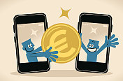 两名商人从手机大屏幕上出现，其中一人正在给另一名男子欧元(欧盟货币)